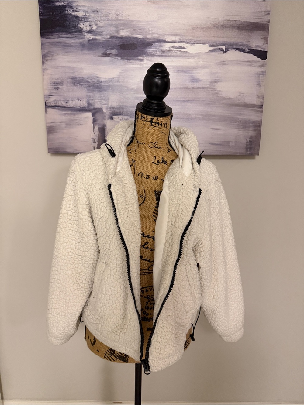 H&M Cream Sherpa Hooded Jacket with Black Trim